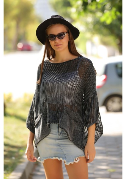 Kadın Antrasit Bohem Ajurlu Asimetrik Baharlık Salaş Merserize Yıkamalı Triko fiyatları