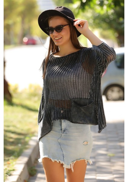 Kadın Antrasit Bohem Ajurlu Asimetrik Baharlık Salaş Merserize Yıkamalı Triko modelleri