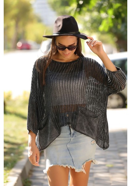 Kadın Antrasit Bohem Ajurlu Asimetrik Baharlık Salaş Merserize Yıkamalı Triko fırsatları
