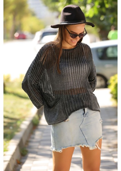 Kadın Antrasit Bohem Ajurlu Asimetrik Baharlık Salaş Merserize Yıkamalı Triko indirimleri