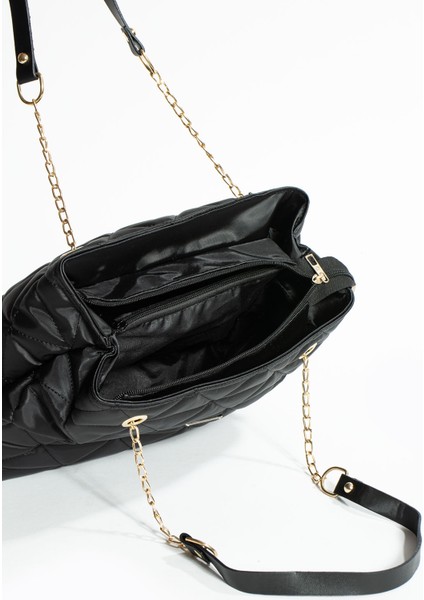 Siyah Kapitone 3 Bölme Fermuar Kapama Zincir Askılı Astarlı El Kol ve Omuz Çantası indirimleri