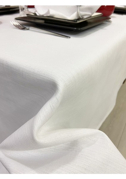 Simli Polyester Keten Dertsiz Masa Örtüsü Beyaz + 12 Peçete