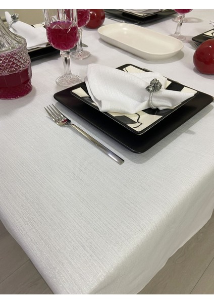 Simli Polyester Keten Dertsiz Masa Örtüsü Beyaz + 12 Peçete