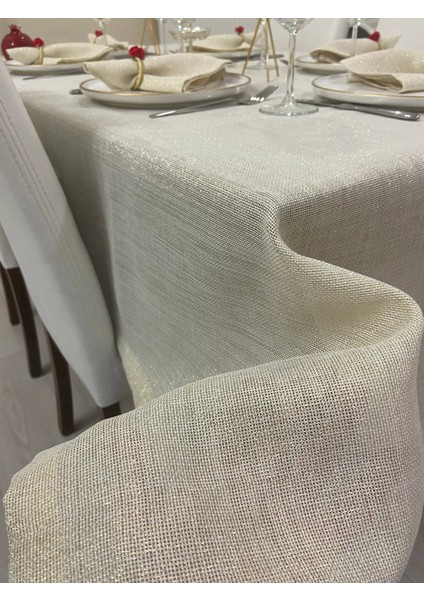Simli Polyester Keten Dertsiz Masa Örtüsü Linen Gold + 12 Peçete