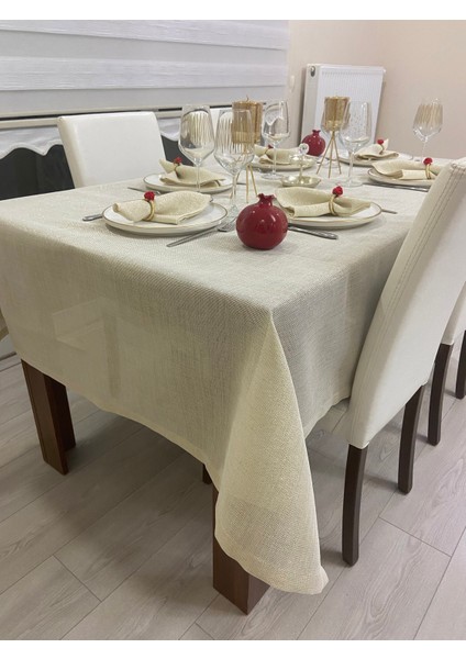 Simli Polyester Keten Dertsiz Masa Örtüsü Linen Gold + 12 Peçete