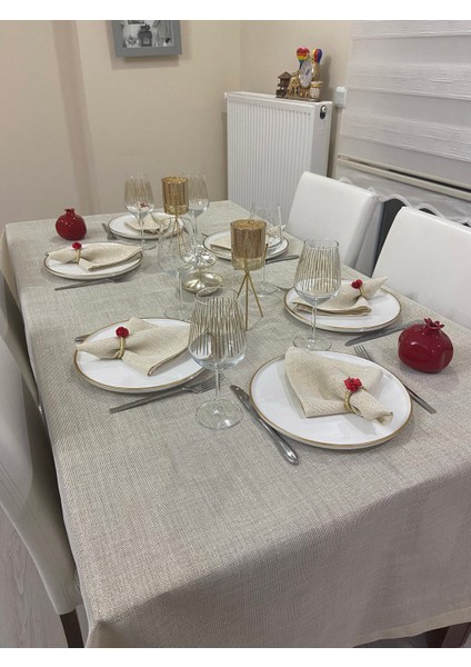 Simli Polyester Keten Dertsiz Masa Örtüsü Linen Gold + 12 Peçete