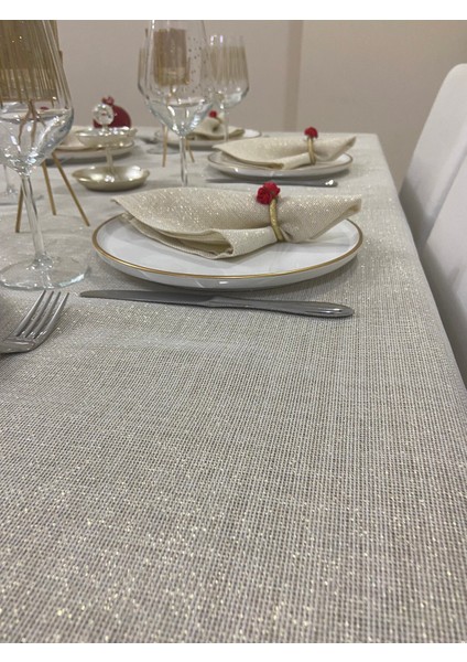 Simli Polyester Keten Dertsiz Masa Örtüsü Linen Gold + 12 Peçete