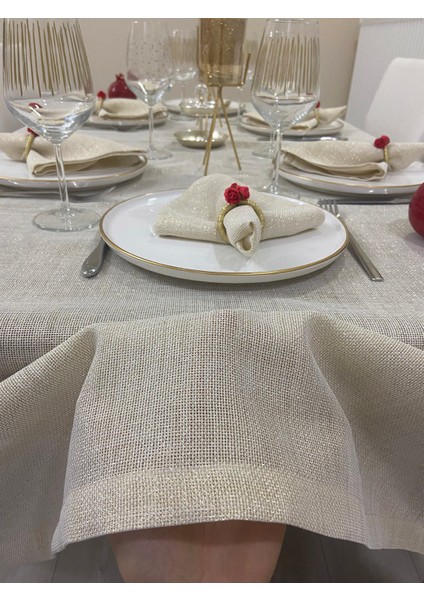 Simli Polyester Keten Dertsiz Masa Örtüsü Linen Gold + 12 Peçete