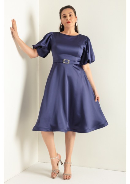 Kadın Lacivert Balon Kollu Taşlı Kemerli Büyük Beden Saten Abiye Elbise fiyatları