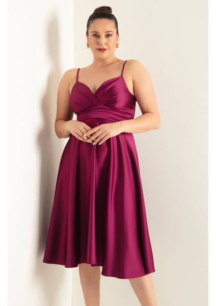 Kadın Mürdüm Ip Askılı Bel Kemerli Saten Midi Büyük Beden Abiye Elbise fiyatları