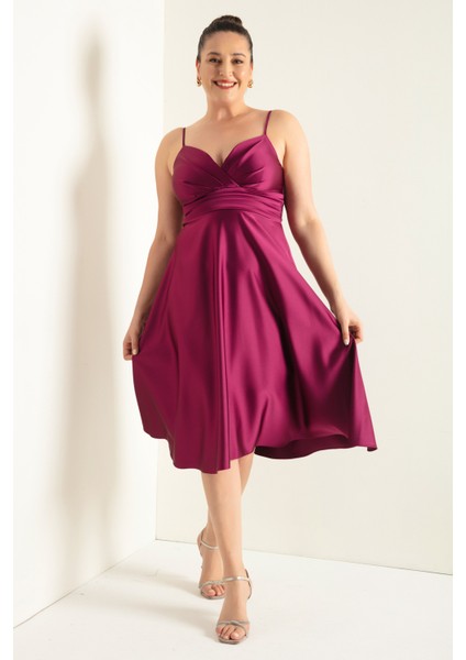 Kadın Mürdüm Ip Askılı Bel Kemerli Saten Midi Büyük Beden Abiye Elbise modelleri