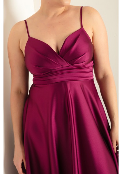 Kadın Mürdüm Ip Askılı Bel Kemerli Saten Midi Büyük Beden Abiye Elbise fırsatları