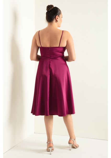 Kadın Mürdüm Ip Askılı Bel Kemerli Saten Midi Büyük Beden Abiye Elbise indirimleri