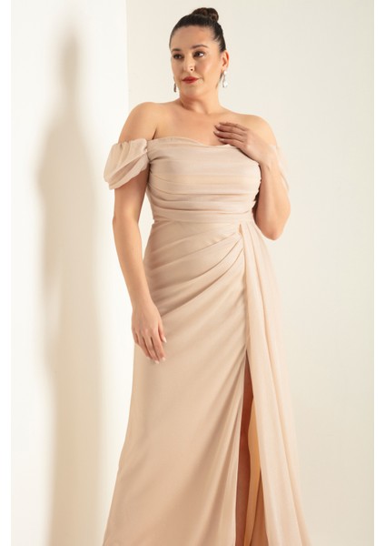 Kadın Bej Kayık Yaka Drapeli Yırtmaçlı Uzun Simli Abiye Elbise fiyatları