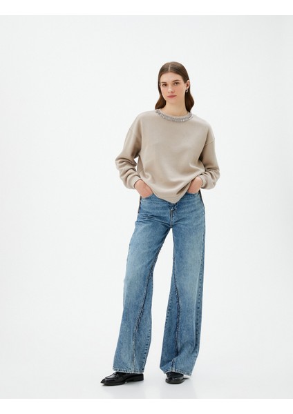 Bisiklet Yaka Sweatshirt Parlak Taşlı Ribanalı fiyatları