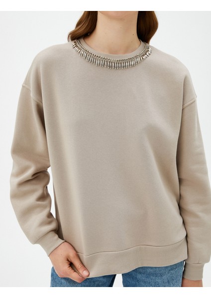 Bisiklet Yaka Sweatshirt Parlak Taşlı Ribanalı indirimleri