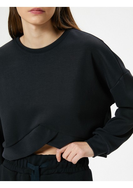 Modal Kumaş Crop Spor Sweatshirt Asimetrik Kesim Bisiklet Yaka Uzun Kollu indirimleri