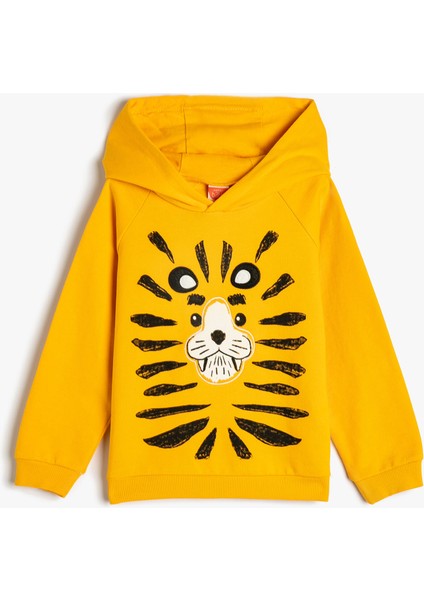 Kapşonlu Sweatshirt Uzun Kollu Aslan Baskılı Pamuklu