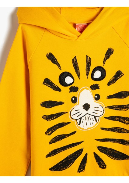 Kapşonlu Sweatshirt Uzun Kollu Aslan Baskılı Pamuklu