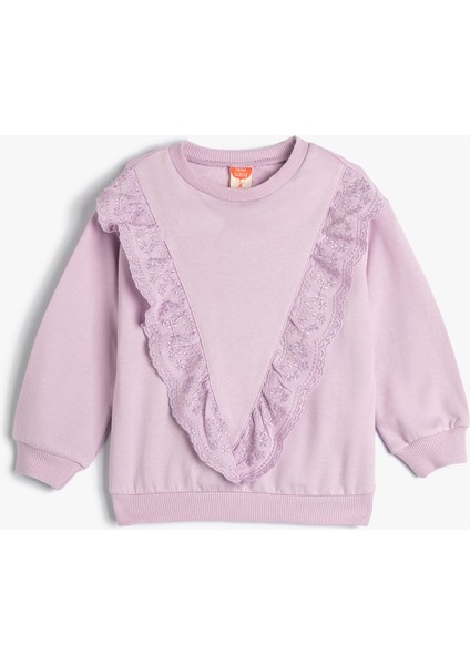 Sweatshirt Uzun Kollu Bisiklet Yaka Fırfır Detaylı Pamuklu Şardonlu
