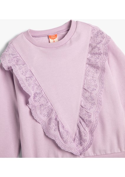 Sweatshirt Uzun Kollu Bisiklet Yaka Fırfır Detaylı Pamuklu Şardonlu