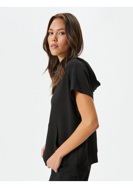 Kapşonlu Sweatshirt Kısa Kollu Kanguru Cepli Viskoz