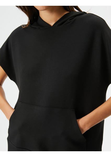 Kapşonlu Sweatshirt Kısa Kollu Kanguru Cepli Viskoz indirimleri