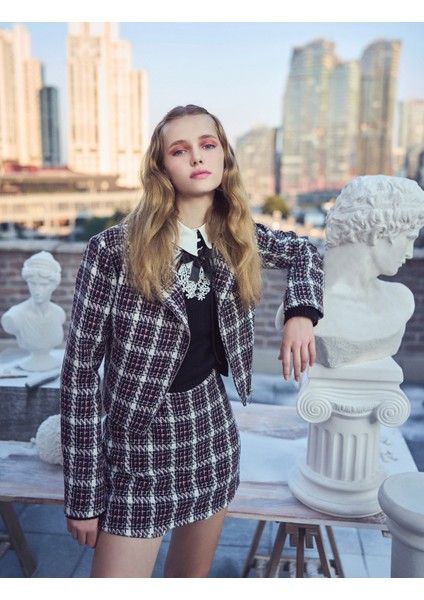 Crop Tüvit Ceket Kruvaze Kapama Fermuar Detaylı