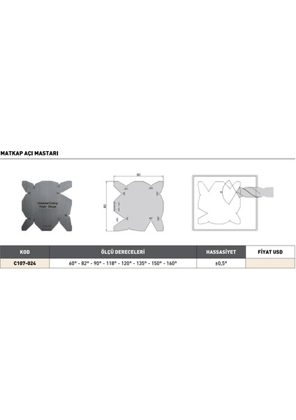 Pld Matkap Açı Mastarı 60° - 82° - 90° - 118° - 120° - 135° - 150° - 160°