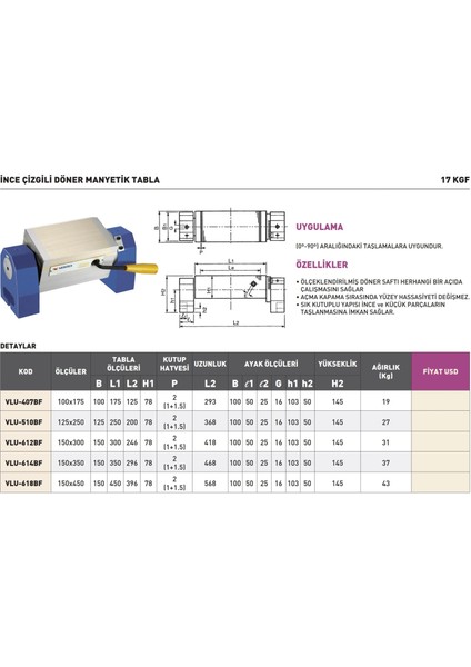 150X450MM Vertex 17KGF Ince Çizgili Döner Manyetik Tabla VLU-618BF