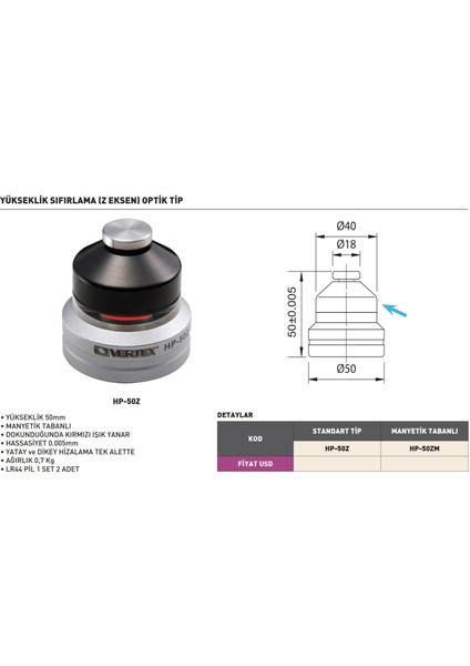 HP-50Z Vertex Z Eksen Optik Tip Yükseklik Sıfırlama