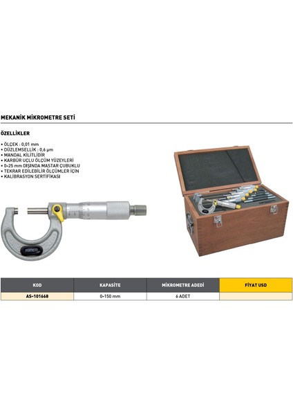 0-150 mm Asimeto 6 Lı Mekanik Mikrometre Seti AS-101668