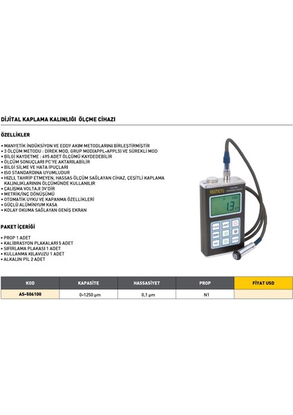 AS-506100 Asimeto Dijital Kaplama Kalınlığı Ölçme Cihazı fiyatları