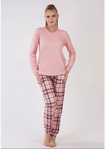 Bayan Microsoft Polyester Pudra Kareli - Uzun Kollu Pijama Takımı