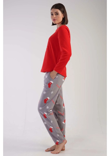 Bayan Polar Yeni Yıl Kırmızı Gri - Uzun Kollu Pijama Takımı