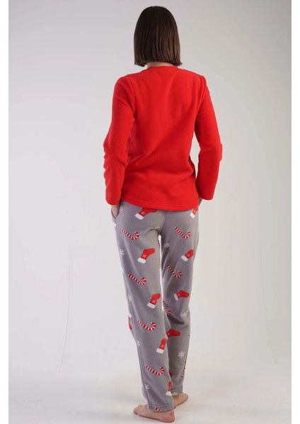Bayan Polar Yeni Yıl Kırmızı Gri - Uzun Kollu Pijama Takımı