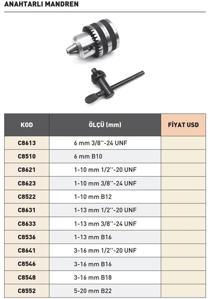 1-10 mm 3/8''-24 Unf Harvest Ful Metal Gövdeli Mandren