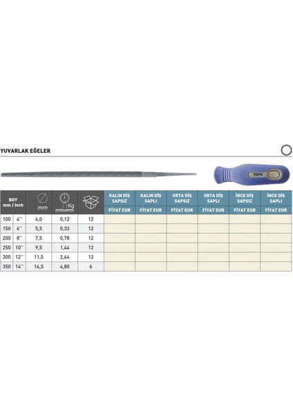 350MM Tome Ince Diş Saplı Yarım Yuvarlak Eğe fiyatları