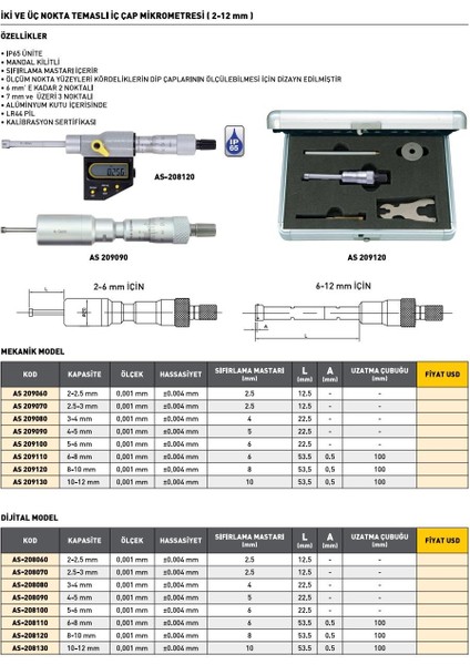 2-2.5 mm Asimeto Dijital 2 ve 3 Nokta Temaslı İç Çap Mikrometresi AS-208060