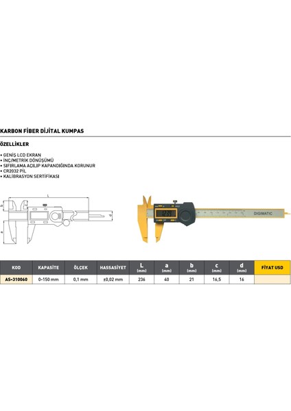 0-150MM Asimeto Karbon Fiber Dijital Kumpası AS-310060