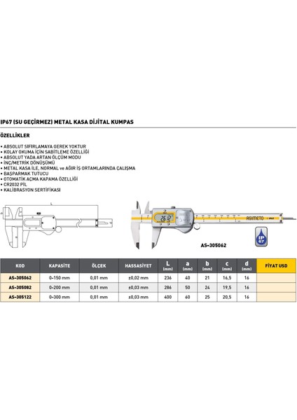 0-300MM Asimeto IP67 Su Geçirmez Metal Kasa Dijital Kumpas AS-305122 fiyatları