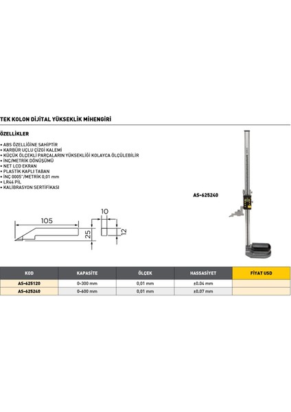 0-600 mm Asimeto Tek Kolon Dijital Yükseklik Mihengiri AS-625240