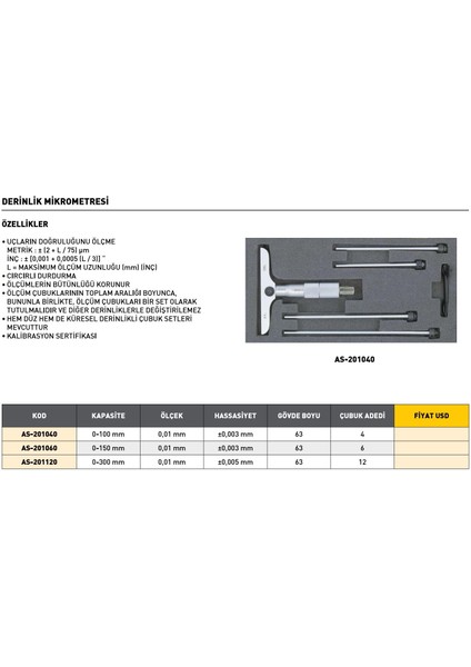 0-150 mm Asimeto Derinlik Mikrometresi AS-201060