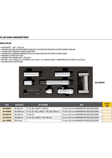 50-500 mm Asimeto İç Çap Boru Mikrometresi AS-240120 fiyatları