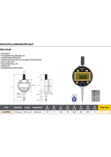 0-12,5 mm Asimeto IP65 Dijital Komparatör Saati AS-407012