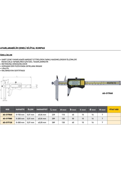 0-300 mm Asimeto Ayarlanabilir Çeneli Dijital Kumpas AS-317120