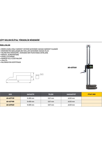 0-600 mm Asimeto Çift Kolon Dijital Yükseklik Mihengiri AS-627240