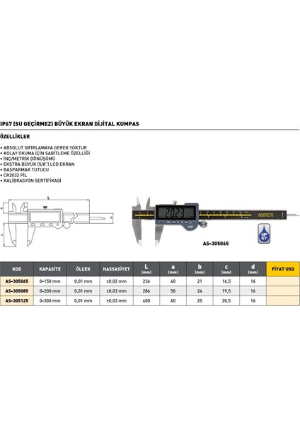 0-150MM Asimeto IP67 Su Geçirmez Büyük Ekran Dijital Kumpas AS-305065 fiyatları