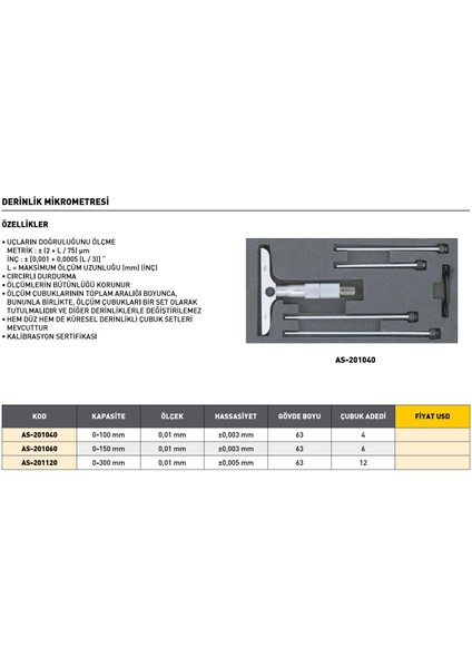 0-100 mm Asimeto Derinlik Mikrometresi AS-201040 fiyatları