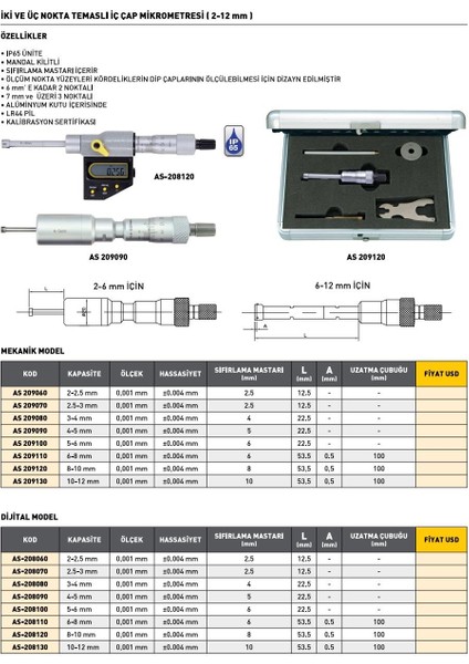 5-6 mm Asimeto Dijital 2 ve 3 Nokta Temaslı İç Çap Mikrometresi AS-208100